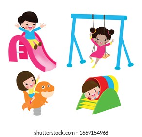 set of kids playing at playground isolated on white Background vector illustration