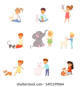 Set with kids playing and taking care of wild and pet animals. Raster illustration in flat cartoon style