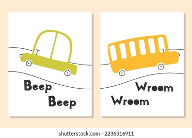 Set of kids posters with cars. Cute posters for a childrens room with a typewriter and a road. vector illustration. Doodle style. Scandinavian style.