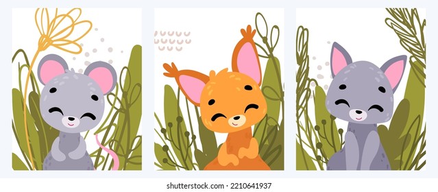 Set kids posters with forest animals. Mouse, squirrel, wolf. Vector print for children room, fabric, paper, greeting card, postcard, card, t shirt, poster, textile. Vector illustration