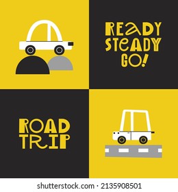 Set of kids posters. Nursery design. Scandinavian style. Cute cars vector illustrations. Vertical cards for baby boys