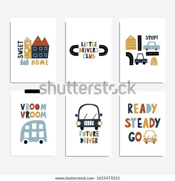 Set\
of kids posters. Nursery design. Scandinavian style. Cute cars\
vector illustrations. Vertical cards for baby\
boys.