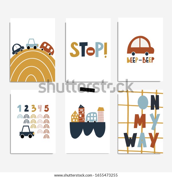 Set\
of kids posters. Nursery design. Scandinavian style. Cute cars\
vector illustrations. Vertical cards for baby\
boys.