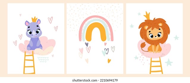 Set kids posters with safari animals. Rainbow. Rhino, lion. Vector print for children room, fabric, paper, greeting card, postcard, card, t shirt, poster, textile. Vector illustration