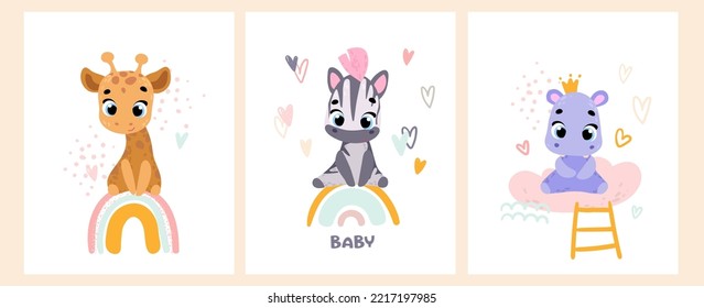 Set kids posters with safari animals. Rainbow. giraffe, zebra, hippo. Vector print for children room, fabric, paper, greeting card, postcard, card, t shirt, poster, textile. Vector illustration