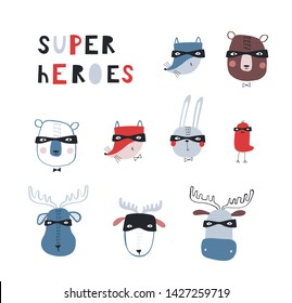 Set of kids print card templates with superhero animal faces. Cartoon hand drawn vector illustration in red and blue. Little bear, fox, wolf, bird, bunny, deer and elk in superheroes costumes. 