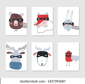 Set of kids print card templates with superhero animal faces. Cartoon hand drawn vector illustration in red and blue. Little bear, fox, wolf, bird, bunny, deer and elk in superheroes costumes. 