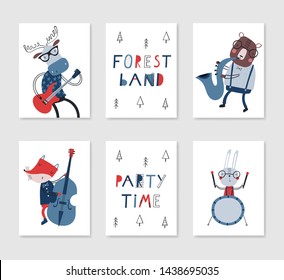 Set of kids print card templates with animals - musicians . Cartoon hand drawn vector illustration in red and blue. Little bear, fox, bunny, deer and elk. 