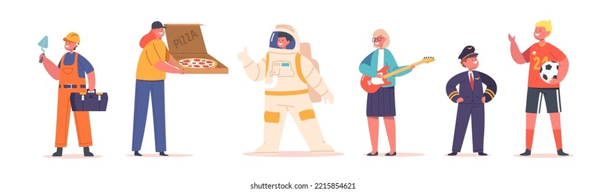 Set of Kids Professions Builder, Pizza Courier, Astronaut, Musician, Pilot and Football Player. Concept with Children wear Costumes of Different Occupation Employees. Cartoon Vector Illustration