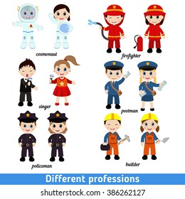 Set of kids professions. Happy children in work wear.