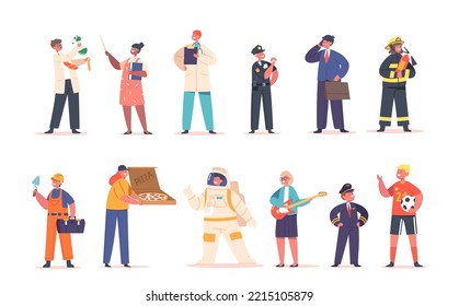 Set of Kids Professions Scientist, Police Officer, Doctor and Teacher. Businessman, Firefighter, Builder and Pizza Courier. Astronaut, Musician, Pilot and Football Player. Cartoon Vector Illustration