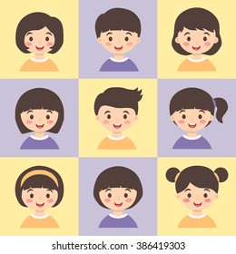 Set of Kids Purple Orange. Vector illustration set of cute kids cartoon Character with different hair style.