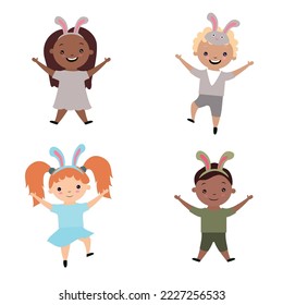 Set of kids in a rabbit costume. Vector. A set of children's characters in different poses and clothes. Children's fashion models. Baby clothes. Rabbit symbol of 2023