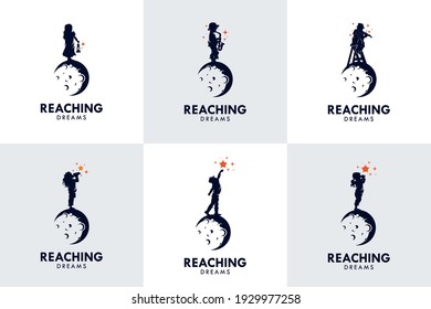 Set of Kids Reach Dreams logo with Moon symbol, Reaching Star logo