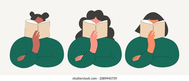 Set of kids reading books or learn textbooks flat vector cartoon illustration isolated on background. Schoolchildren pupil and students study and education. Back to school. Cute girl with open book