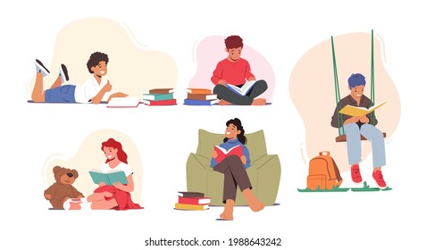 Set Kids Reading Books, School Education, Knowledge Concept. Boys and Girls Characters Studying, College or Preschool Learning Classes. School Children in Library and Home. Cartoon Vector Illustration