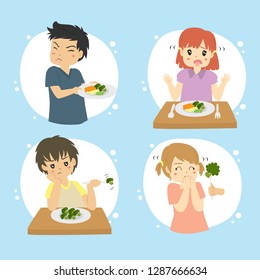 Set of kids refuse to eat vegetables. Children hate vegetables vector set