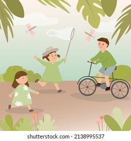 Set of kids relax in nature park, cute boy riding on bicycle, two girl enjoy to run with net to catch insects in the park, cartoon character, flat design vector illustration