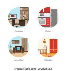 Set of kids room, kitchen, workplace, home office interior furniture and objects flat design icons