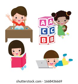 set of kids at school, back to school education concept isolated on Background vector illustration