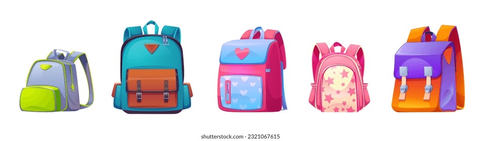 Set of kids school bags isolated on white background. Vector cartoon illustration of colorful textile backpacks with pockets and badges. Collection of travel rucksacks. Tourism adventure accessories