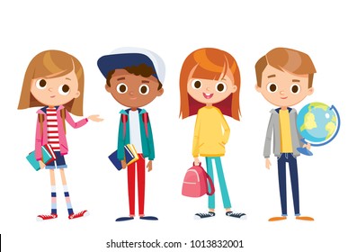 Set of kids with school supplies. School kids with books. Education vector. Set of kids children teenagers characters in different poses, clothes , wear. Children fashion models, Kids apparel. 