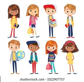 Set of kids with school supplies. School kids with books. Education vector. Set of kids children teenagers characters in different poses, clothes , wear. Children fashion models, Kids apparel. 