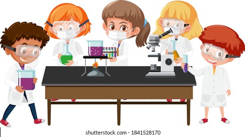 Set of kids in scientist costume holding science objects isolated on white background illustration