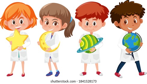 Set of kids in scientist costume holding planet or asteroid elemet isolated on white background illustration