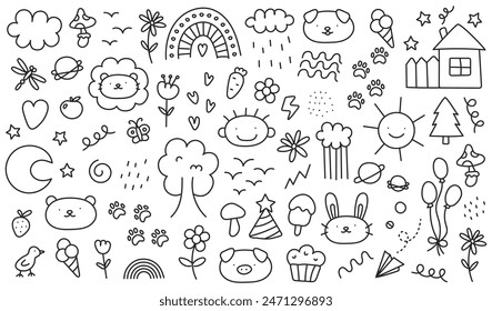 Set of kids scribble elements. Cute hand drawn doodle vector set. Collection of flowers, scribble, animal, sun, rainbow, cloud, ice cream, planets, bubbles. Set of funny line doodle decoration