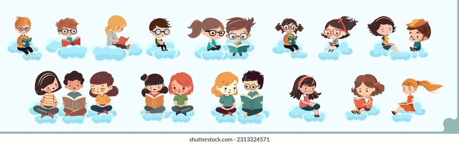 Set of Kids Sitting On Cloud And Reading Book.