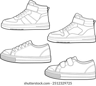 Ein Set von Kinder Turnschuhe Vektor Zeichnung Kinder Schuhe Trainer High Top Turnschuhe konvertieren Stil Luftwaffe Stil Schuhe Zeichnung Schuhe Design Kinder Mode Schuhe Illustration  