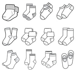 Set Of Kids Socks Flat Sketch Fashion Illustration Drawing Template Mock Up, Children Calf Length Socks Cad Drawing For Baby, Infants And Toddlers, Baby Crew Socks Design Drawing