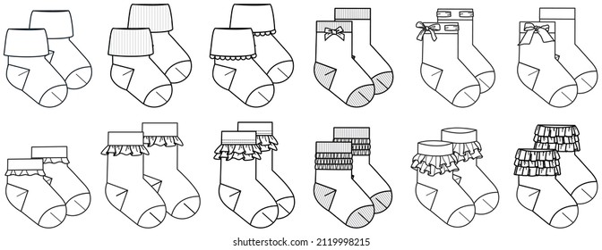 set of kids socks. frill, ruffle and bow detailed cotton socks baby footwear collection flat sketch vector illustration template. CAD mockup.