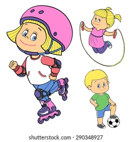 Set Of Kids Sport / Outdoor Activities : Football / Soccer, Jumping / Skipping Rope, Roller Blading / Skating. Vector Illustration Of Cartoon Kid / Teen Character Isolated On White Background.