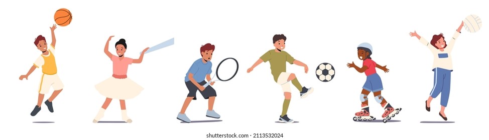 Set of Kids Sports Activities. Children Girls and Boys Characters Basketball, Ballet, Tennis and Soccer with Roller Skating and Volleyball Games Isolated on White Background. Vector Illustration