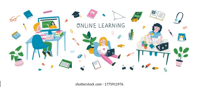 Set of kids studying online and various school supplies. Colorful vector illustration of the online learning or back to school concept. Isolated elements on white background.