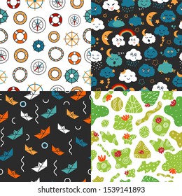 Set of kids style seamless patterns with marine elements (paper boat, ship steering wheel, lifebuoy). Weather collection - clouds on dark background.
Green cacti with flowers on white. Baby textile