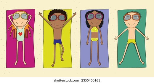 Set of kids sunbathing. Vector illustration.