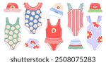 Set of kids swimming one-piece swimsuits and sun hats. Vector cute illustration of beachwear and summer hats for girls on white isolated background in flat style.