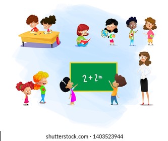 Set of kids and their teacher with school supplies. School kids with books, going to school, reading book, discussing book Education vector.