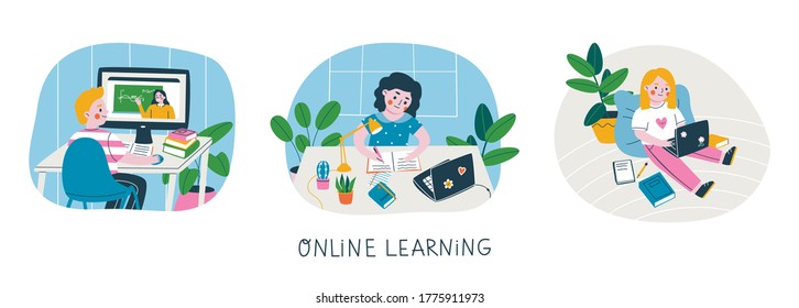 Set of kids at their workplaces studying online at home. Colorful characters using a computer and laptops for e-learning. Vector illustration of online education concept.