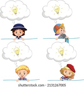 Ein Set Kinder, die auf weißem Hintergrund denken