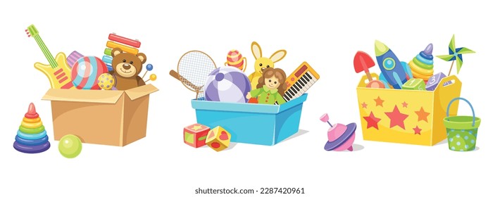 Set of kids toy box. Containers with objects for children play in kindergarten. Doll, guitar, ball, teddy bear. Donation to orphanage. Cartoon flat vector collection isolated on white background - Shutterstock ID 2287420961