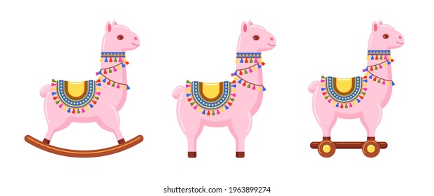 Set of kids toy pink llama for various children's games. Vector colorful illustrations isolated on white background