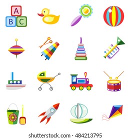 Set kids toys blocks, duck, rattle, ball, pyramid, trumpet, xylophone, pinwheel, boat, sailboat, carriage,train, drum, rocket, kite. Icons in flat style. Infographic elements.  Stickers. Stikers