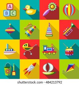 Set kids toys blocks, toy duck, toy rattle, ball, pyramid, trumpet, toys xylophone, pinwheel, boat, sailboat, carriage,train, drum, bucket with shovel, rocket, kite. Icons in flat style.