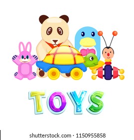 Set of kids toys isolated on white card, vector illustration pretty bear, pink rabbit near tortoise on wheels and penguin with bow tie, ant with antennas