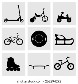 Set of  kids' , kids transport icons, sport icon. Roller skates, bicycle, tricycle, velobeg, begovel, saucer sled, inflatable sled, snow tube. Extreme, sports, health.