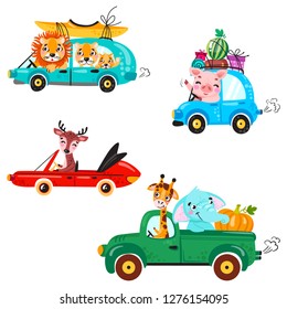 Set of kids transport with lion, boat, canoe, giraffe, elephant, deer, watermelon and gifts. Cute animals ride on the car.  Vector illustration isolated on white background